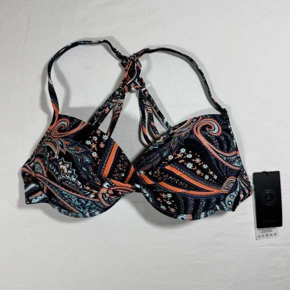 RELLECIGA Paisley Print Push Up Bikini Top - Black & Orange NWT Size Medium - Picture 1 of 8